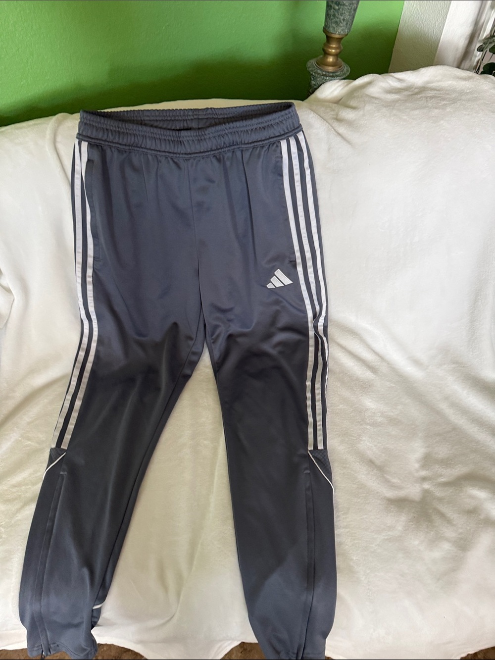 Adidas Grey Track Pants with White Three-Stripes